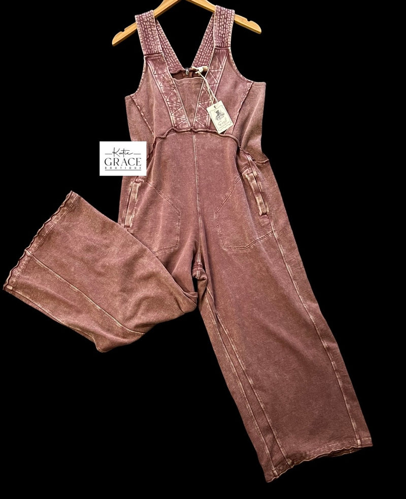 "Suzie" Mineral Washed Jumpsuit, Earth Red - The Katie Grace Boutique