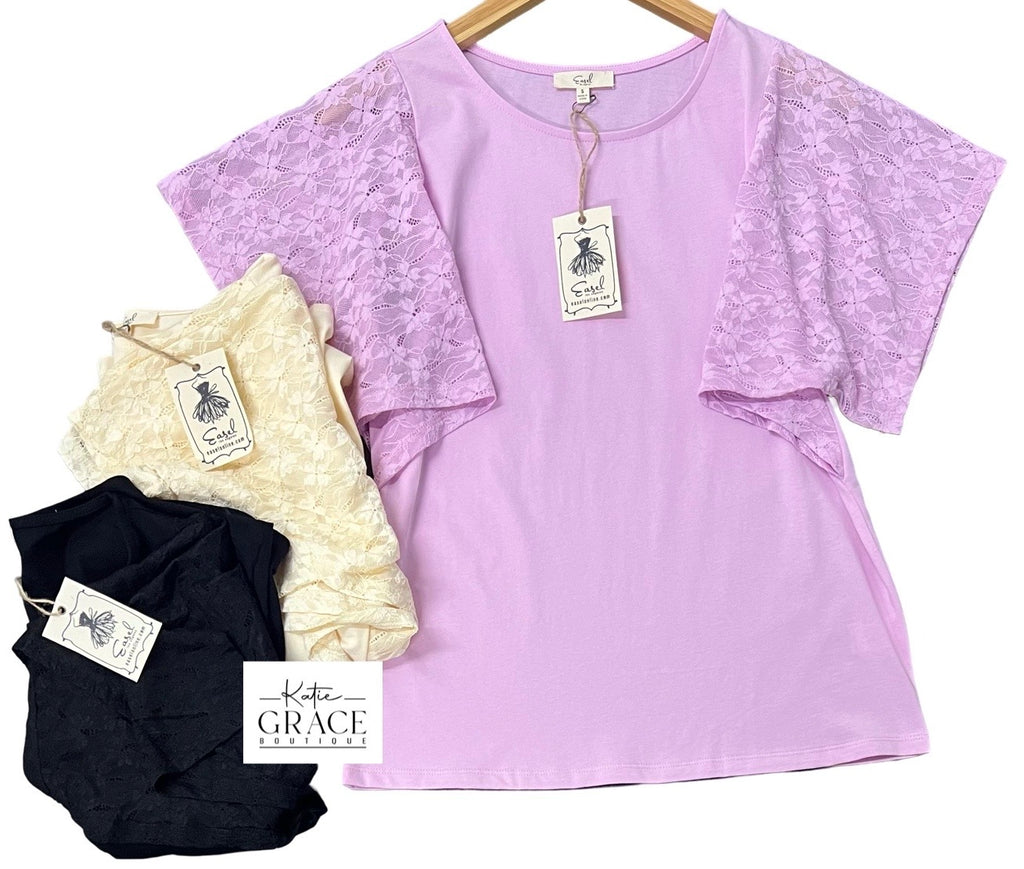 "Wendy" Lace Sleeve Top, 3 colors - The Katie Grace Boutique