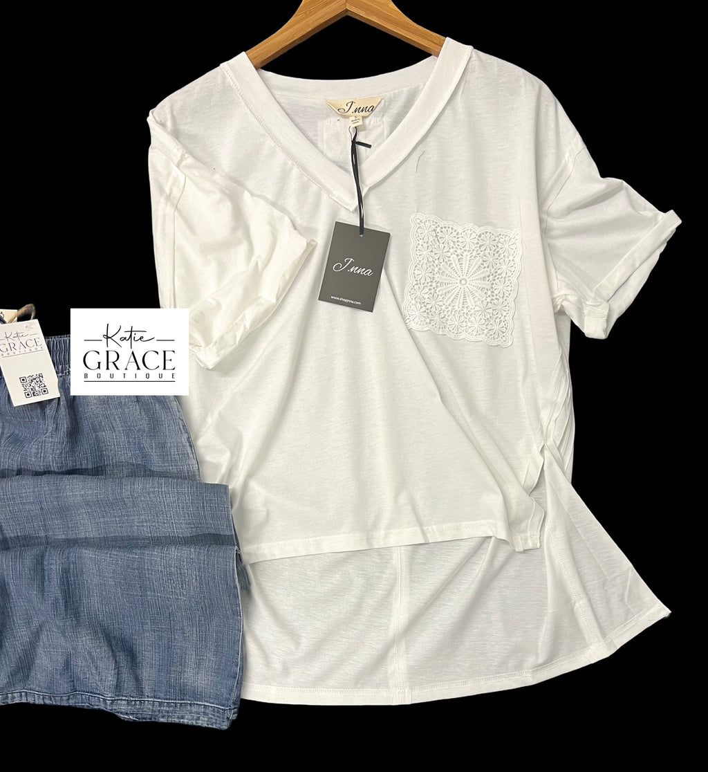 "Thalia" Crochet Pocket Tee - The Katie Grace Boutique