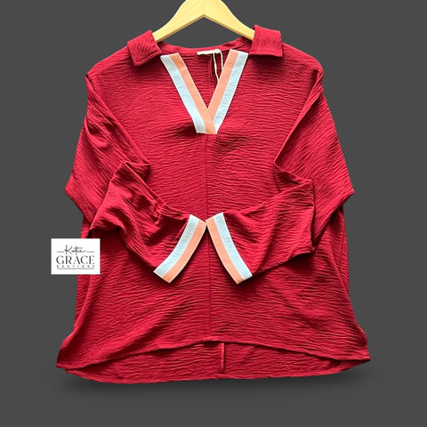 "Virginia" Blouse with Stripe Contrast - The Katie Grace Boutique