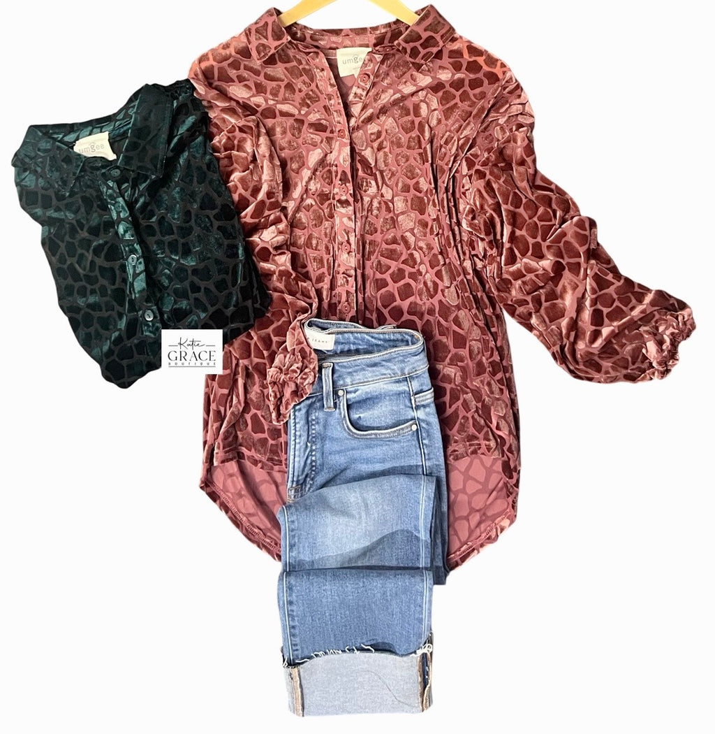 "Alana" Velvet Burnout Blouse, 2 colors - The Katie Grace Boutique