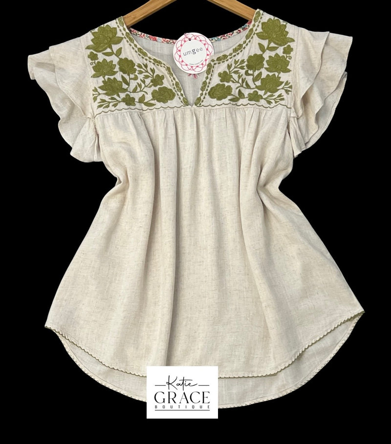 "Sloane" Embroidered Linen Blend Top - The Katie Grace Boutique