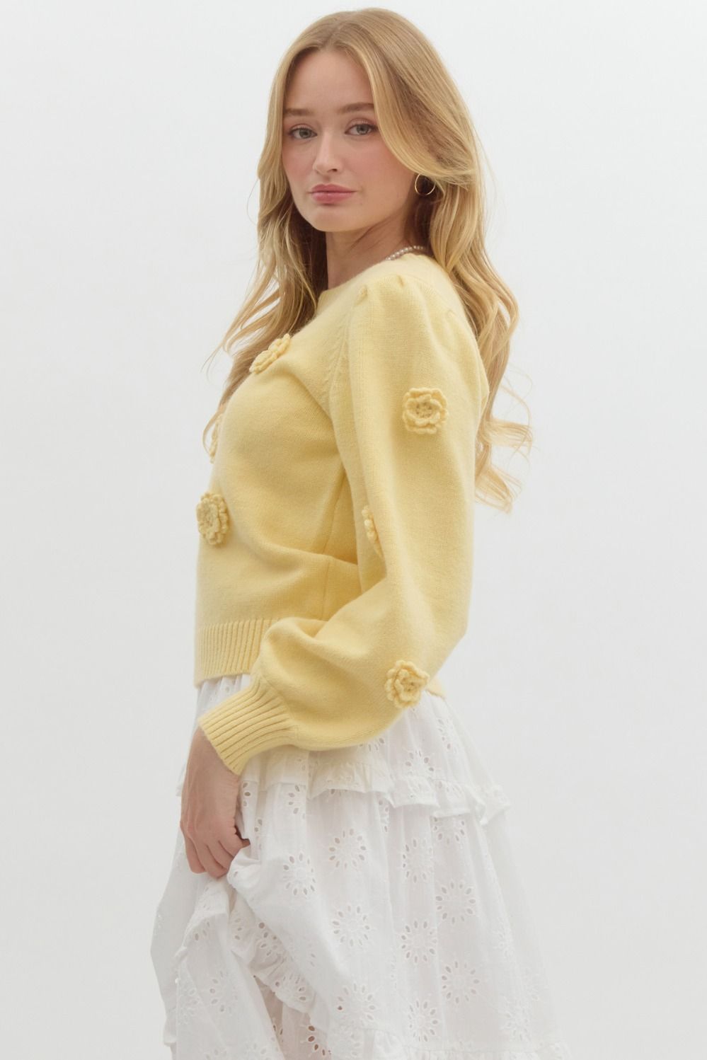 "Bianca" Puff Sleeeve Sweater with Applique' Flowers, 2 Colors - The Katie Grace Boutique