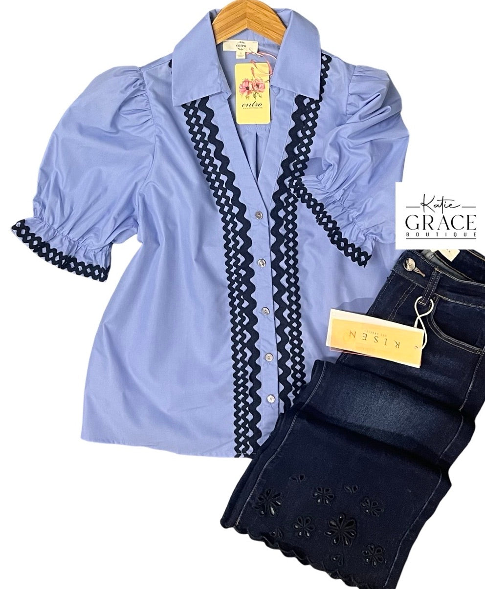 "Bonnie" RicRac Trimmed Blouse - The Katie Grace Boutique