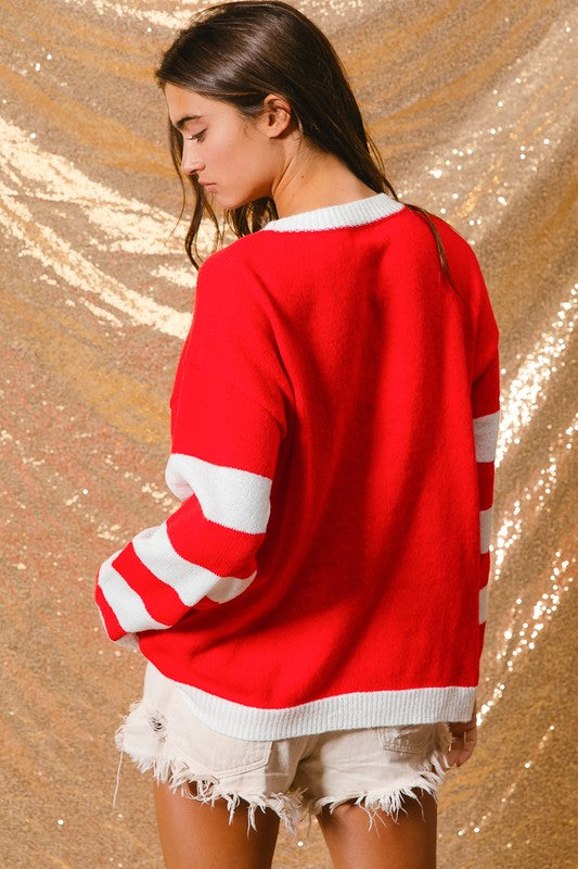 "Arianna" Striped Sleeve Sweater with Sequined Gingerbread