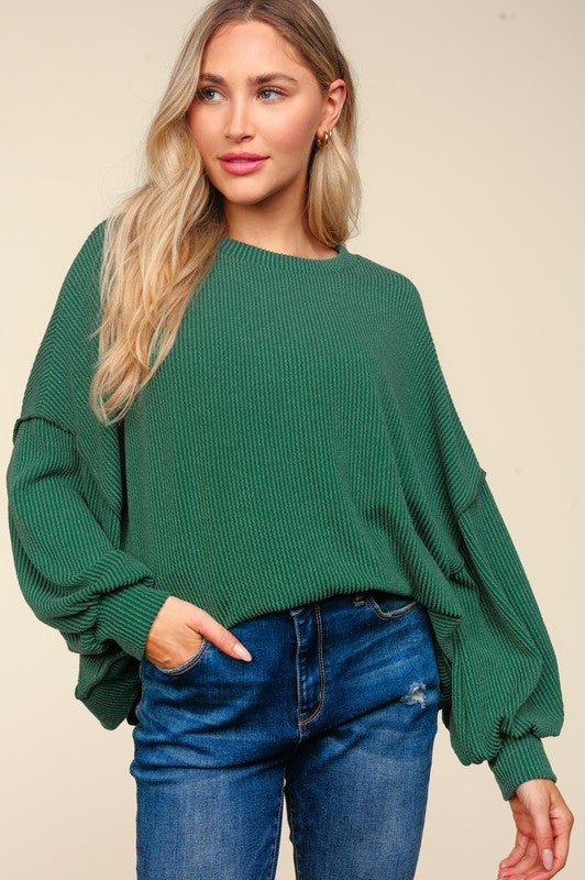 "Madilyn" Urban Ribbed Pullover, Green - The Katie Grace Boutique