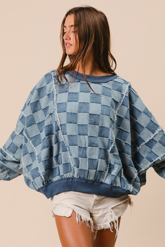 "Lily" Denim Check Pullover - The Katie Grace Boutique