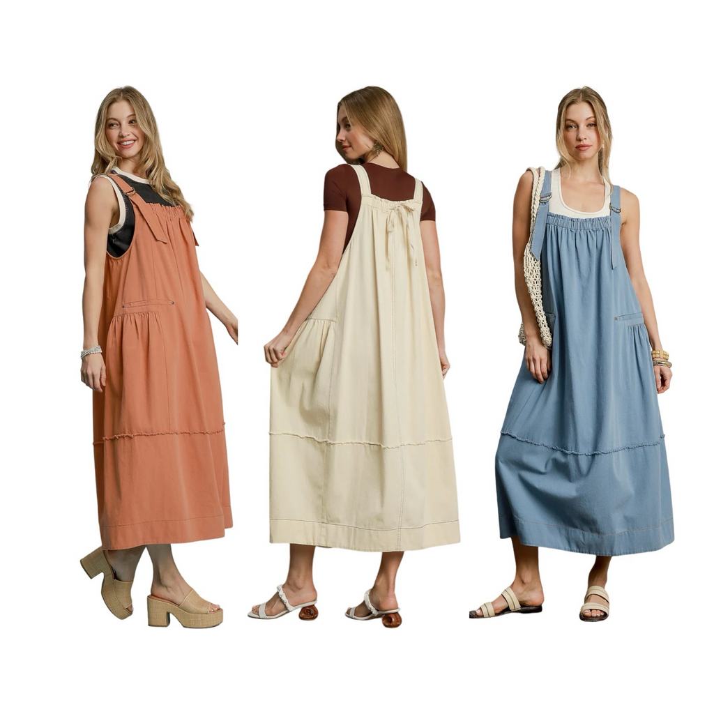 "Laken" Overall Barrel Midi Dress, 3 colors