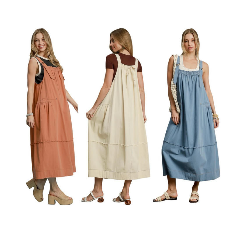 "Laken" Overall Barrel Midi Dress, 3 colors