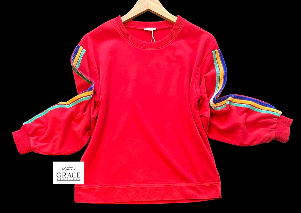 "Kate" Mineral Washed Pullover with Velvet Stripes, Red - The Katie Grace Boutique