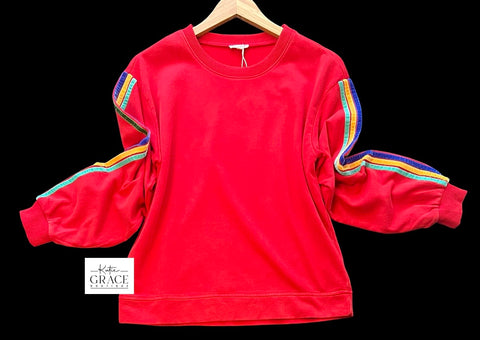 "Kate" Mineral Washed Pullover with Velvet Stripes, Red - The Katie Grace Boutique