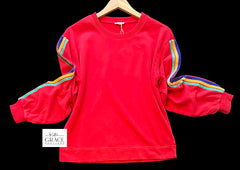 "Kate" Mineral Washed Pullover with Velvet Stripes, Red - The Katie Grace Boutique