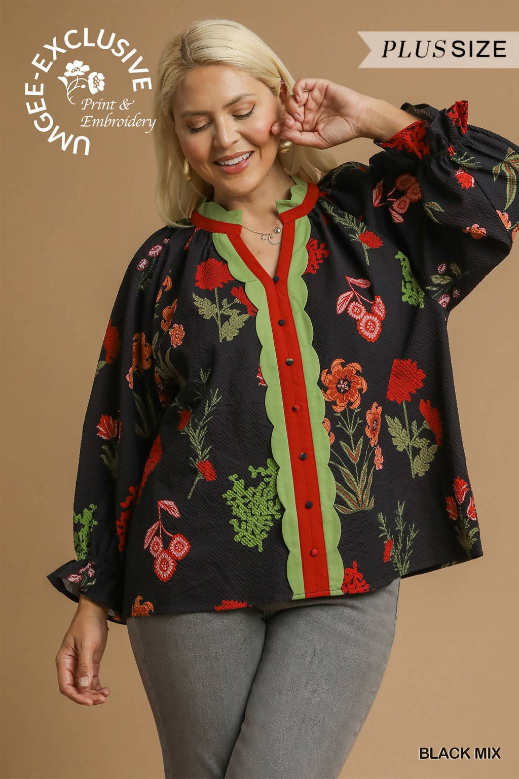 "Tayla" Mix Floral Textured Blouse with Scalloped Trim