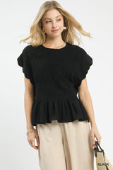 "Eva" Peplum Smocked Blouse, Black - The Katie Grace Boutique