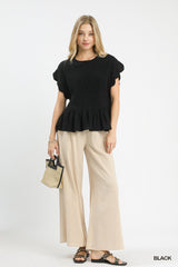 "Eva" Peplum Smocked Blouse, Black - The Katie Grace Boutique