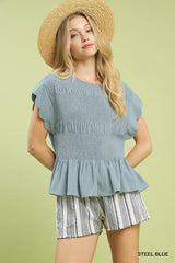 "Emma" Peplum Smocked Top, Blue - The Katie Grace Boutique