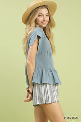 "Emma" Peplum Smocked Top, Blue - The Katie Grace Boutique