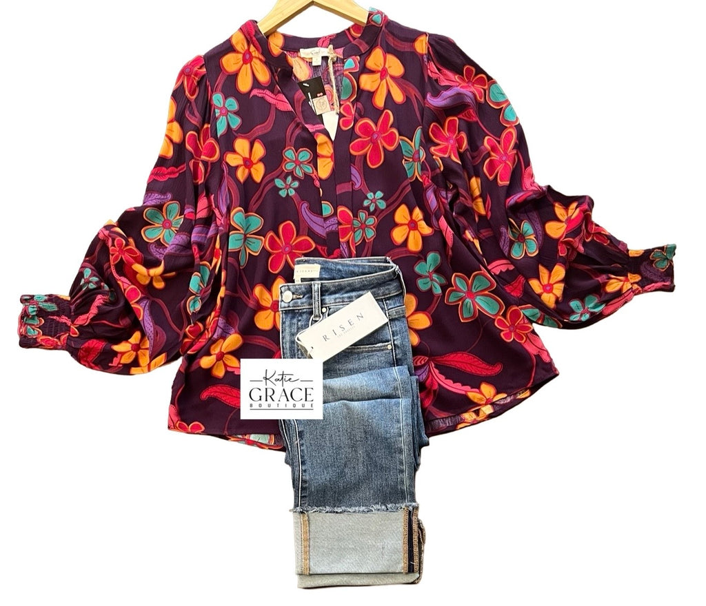 "Ana" Bold  Floral Blouse - The Katie Grace Boutique