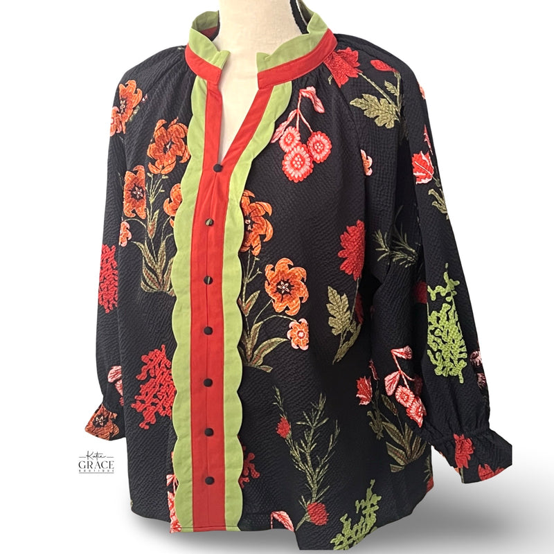 "Tayla" Mix Floral Textured Blouse with Scalloped Trim
