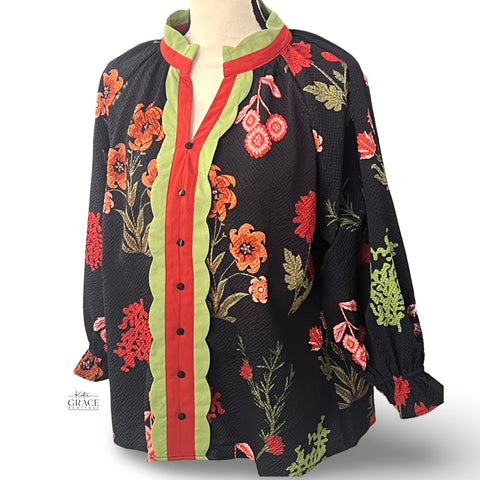 "Tayla" Mix Floral Textured Blouse with Scalloped Trim - The Katie Grace Boutique