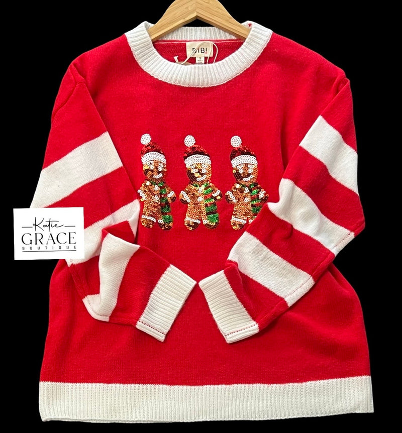 "Arianna" Striped Sleeve Sweater with Sequined Gingerbread