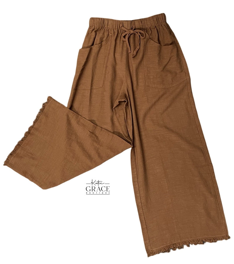 "Oaklyn" Cotton Frayed Pants, Brown - The Katie Grace Boutique