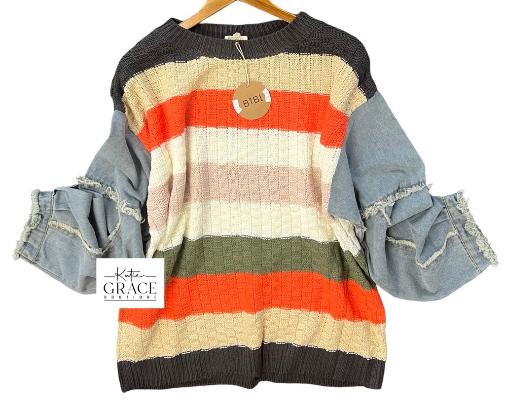 "Taylor" Striped Sweater with Denim Sleeves