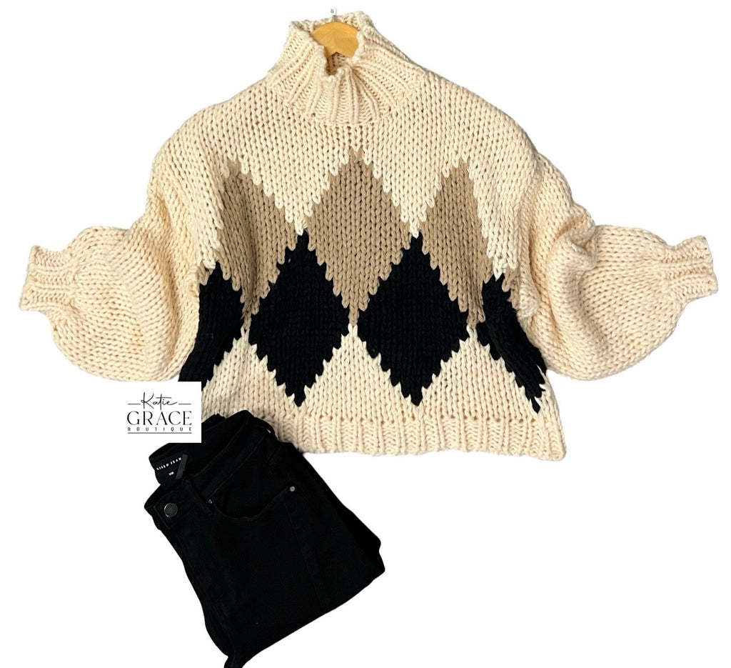 "Tanya" Chunky Knit Argyle Sweater - The Katie Grace Boutique