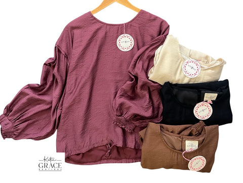 "Alicia" Long Sleeve Blouse with Drawstring, 4 colors - The Katie Grace Boutique