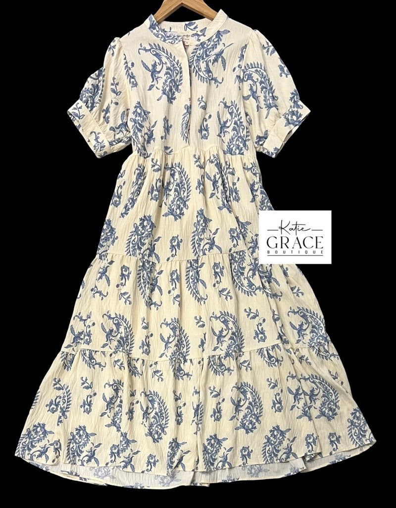 "Stephanie'' Blue and Cream Dress