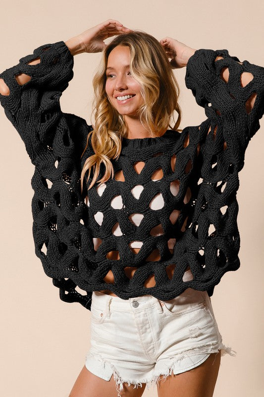 "Amari" Chunky Crochet Sweater, Black - The Katie Grace Boutique