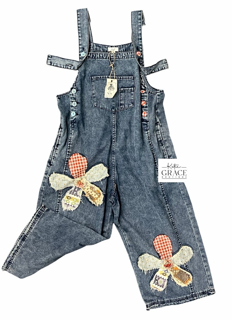 "Juniper" Denim Overalls w/ Applique' Florals - The Katie Grace Boutique