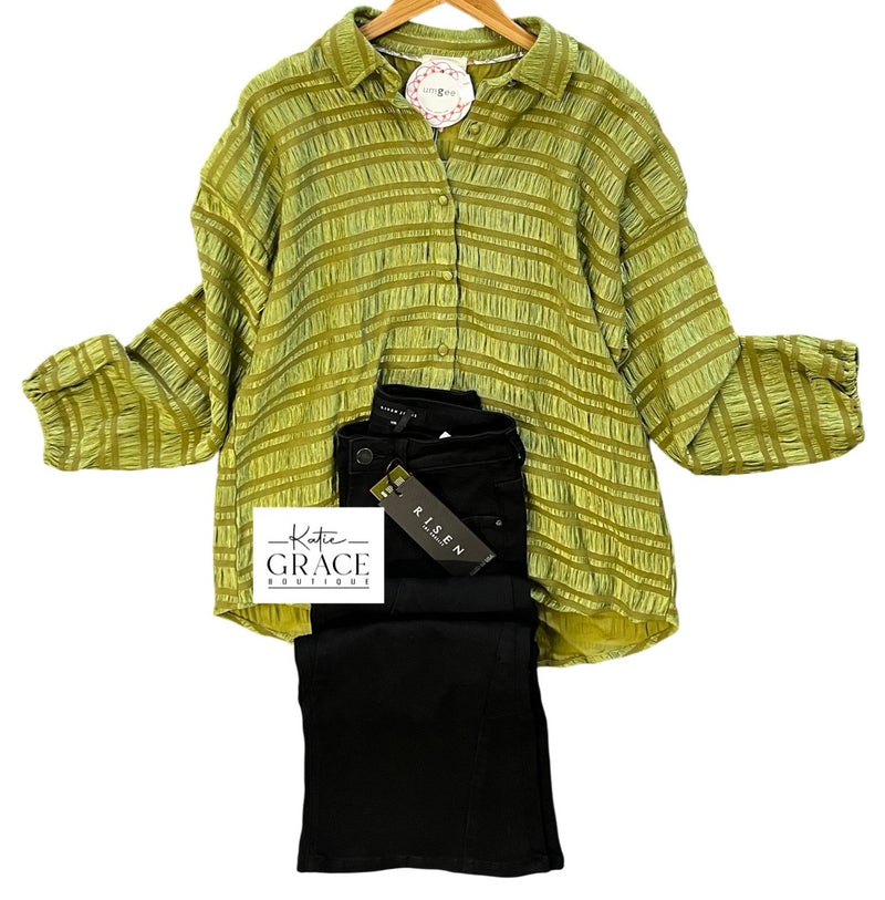 "Maya" Textured Button Down Blouse, Olive - The Katie Grace Boutique