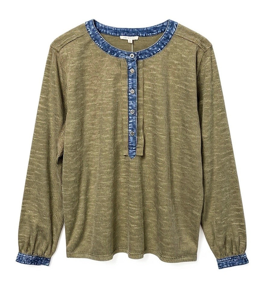"Gretchen" Henley Top with Denim Trim - The Katie Grace Boutique