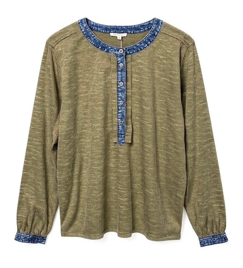 "Gretchen" Henley Top with Denim Trim - The Katie Grace Boutique