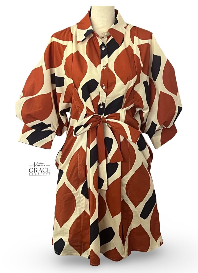 "Melissa" Rust and Navy Print Sleeve Dress - The Katie Grace Boutique