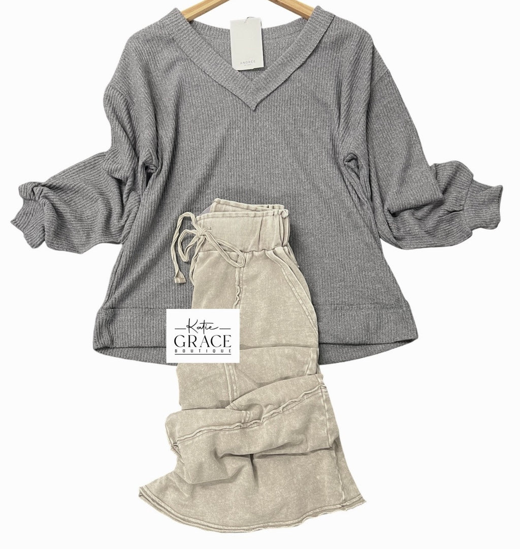 "Kendra" Soft Ribbed Top, Soft Grey - The Katie Grace Boutique