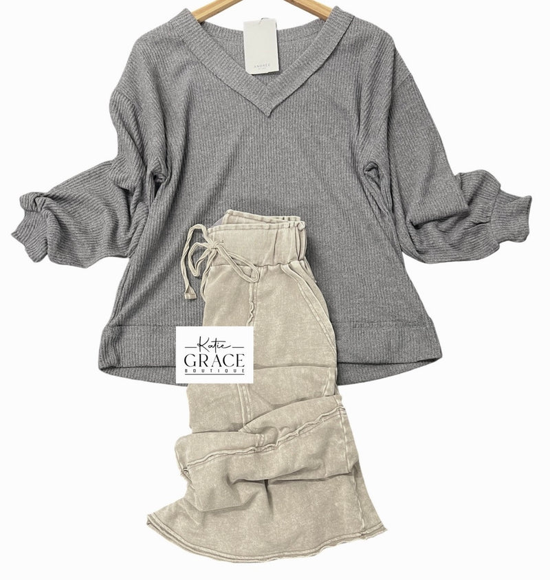 "Kendra" Soft Ribbed Top, Soft Grey