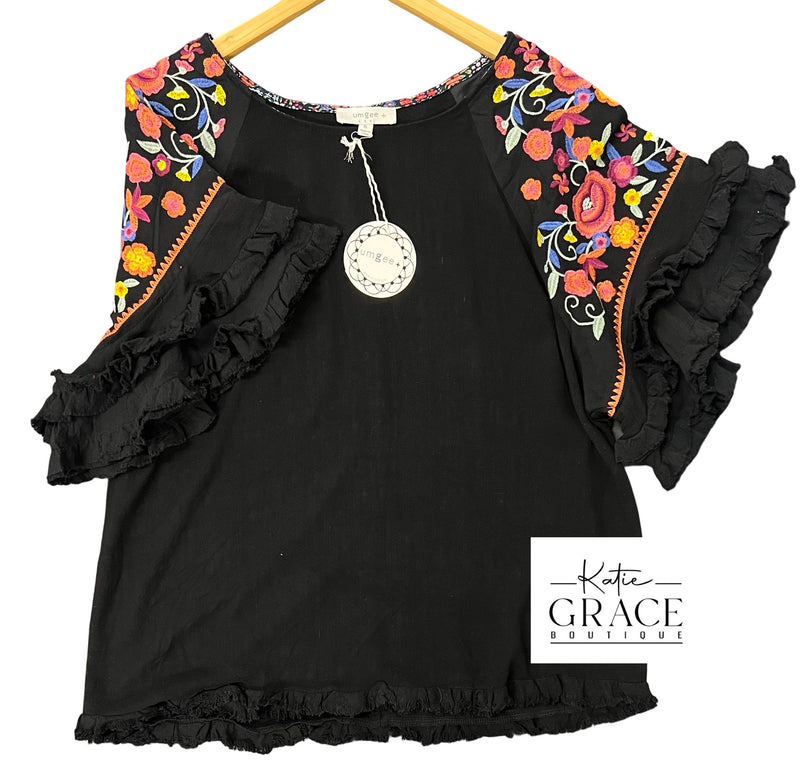 "Lucy" Embroidered Line Blend Blouse, Plus