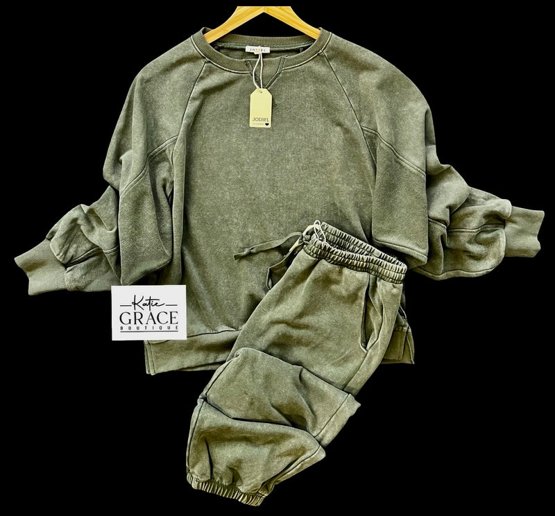 "Jasmine" Mineral Washed Separates, Olive - The Katie Grace Boutique