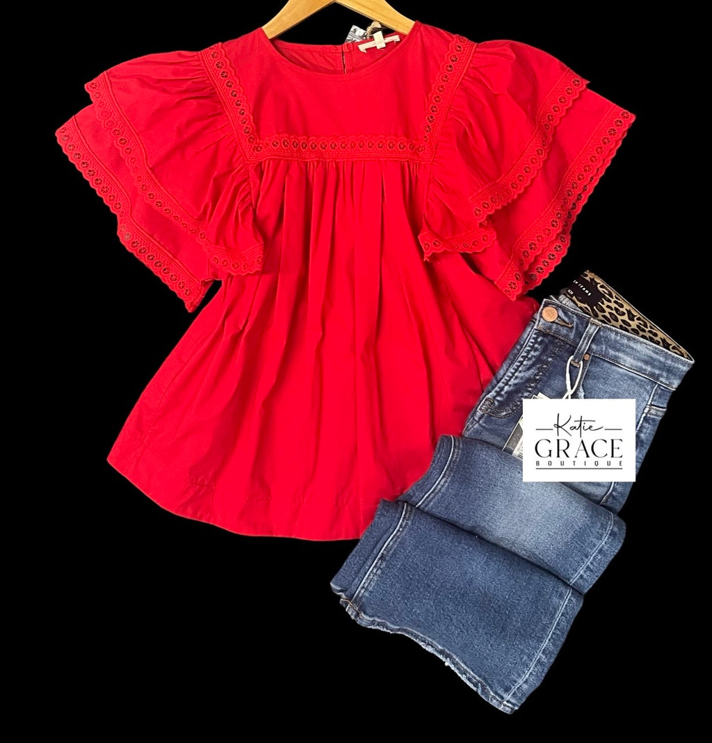 "Rose" Red Crochet Blouse - The Katie Grace Boutique