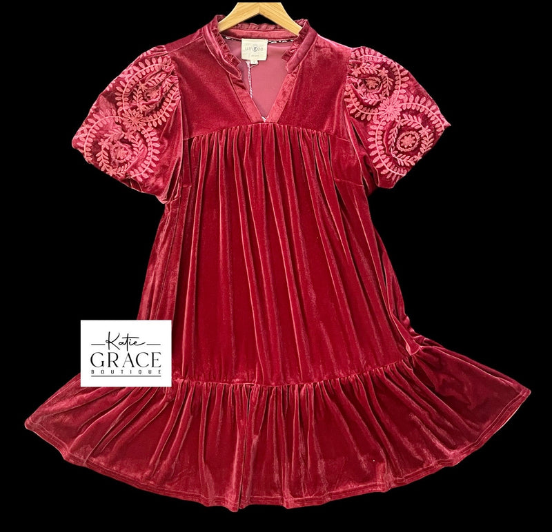 "Nora" Velvet Dress with Embroidered Sleeves, Berry - The Katie Grace Boutique