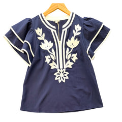 "Lettie" Applique Blouse, Navy - The Katie Grace Boutique