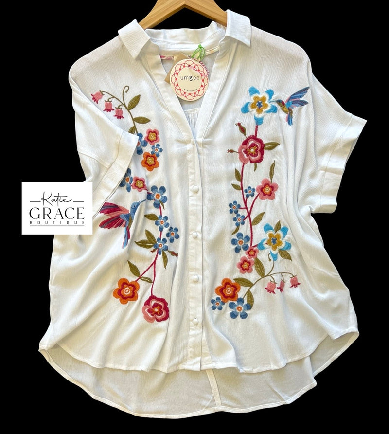"Amelia" Hummingbird Embroidered Blouse - The Katie Grace Boutique