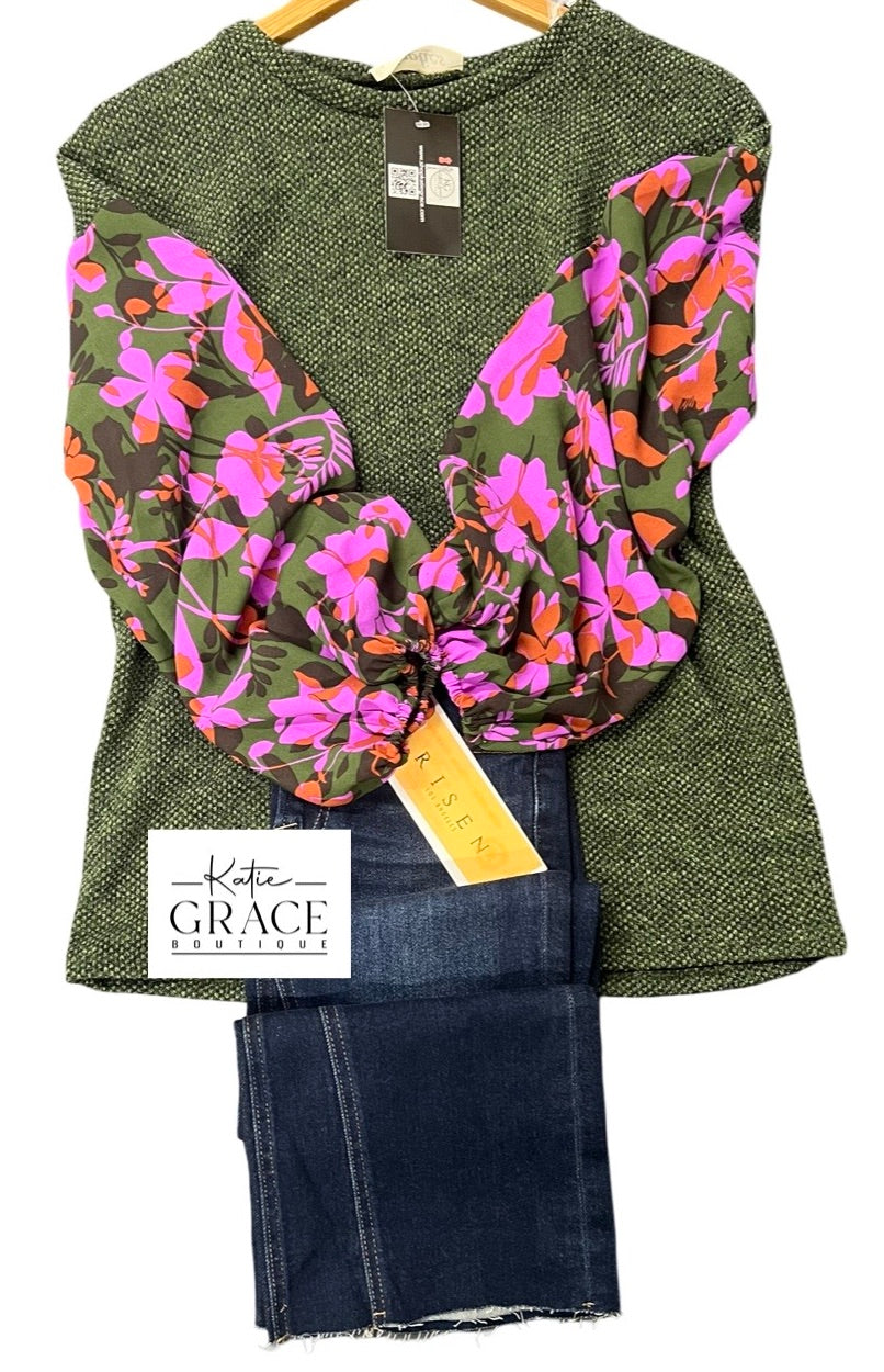 "Aliana"Textured Top with Floral Sleeves - The Katie Grace Boutique