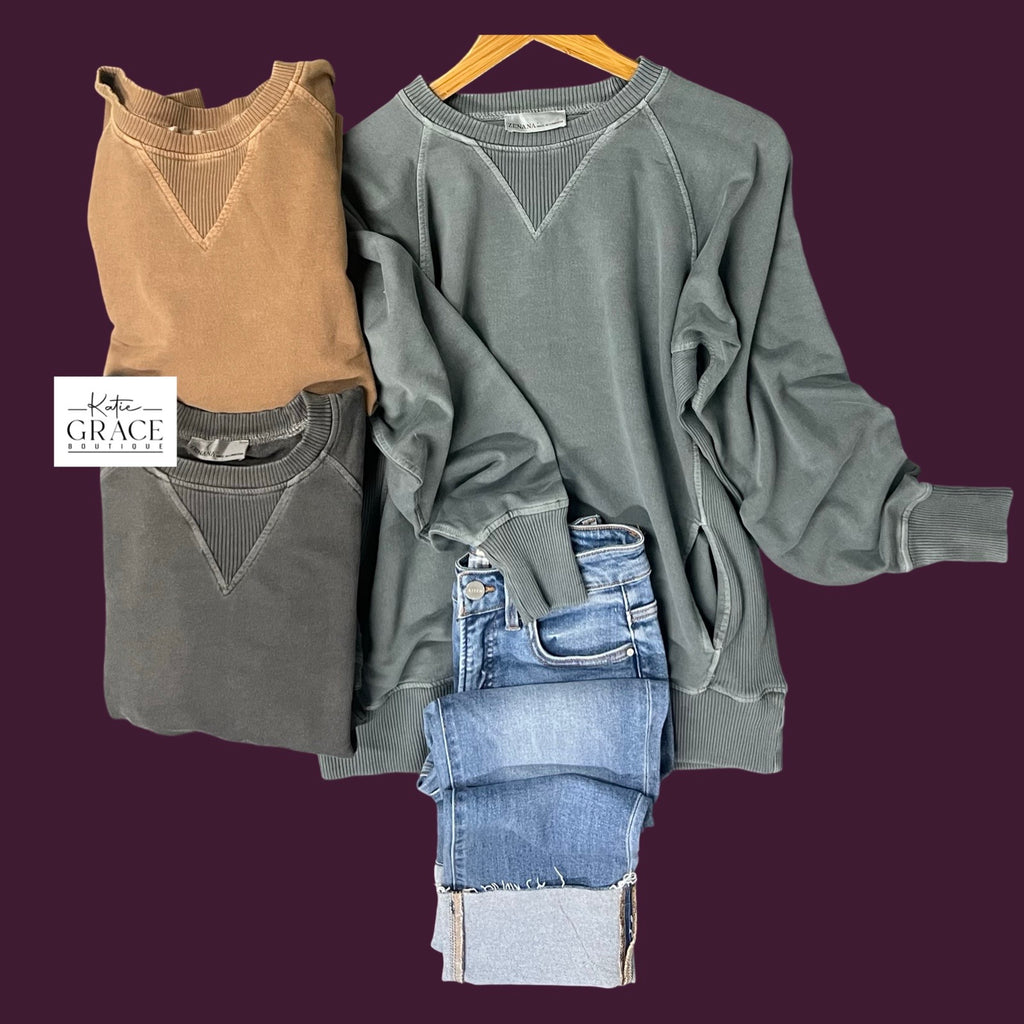 "Trixie" Mineral Washed Pullover, 3 colors - The Katie Grace Boutique