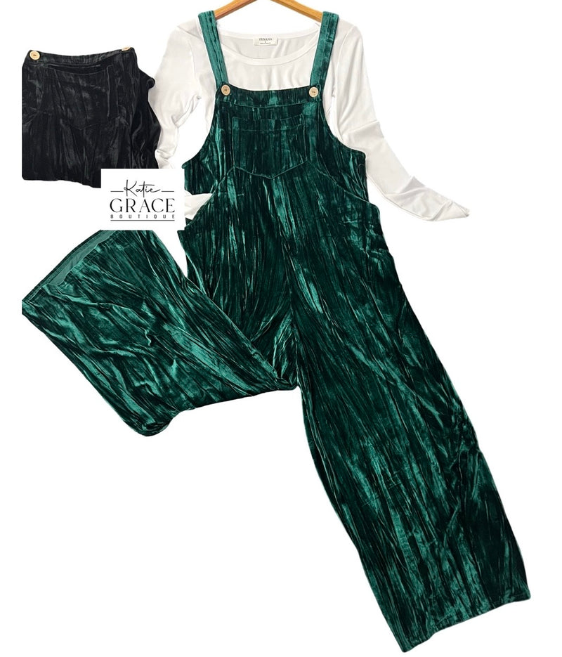 "Evelyn" Velvet Overalls, Green - The Katie Grace Boutique