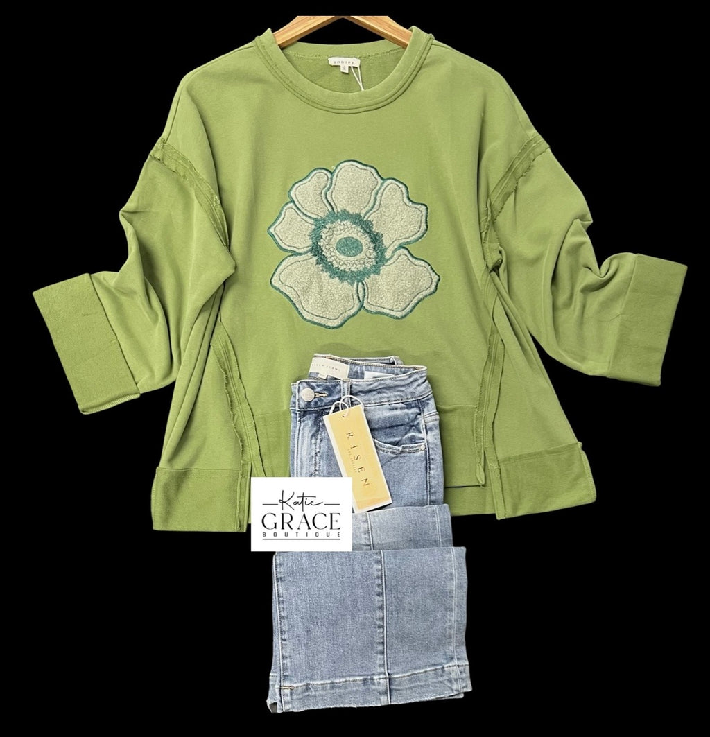 "Amber" Applique Pullover, Green - The Katie Grace Boutique