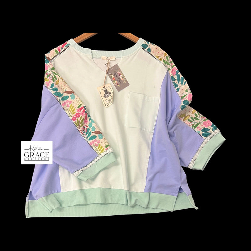 "Alayna" Mixed Media Pullover, Mint - The Katie Grace Boutique