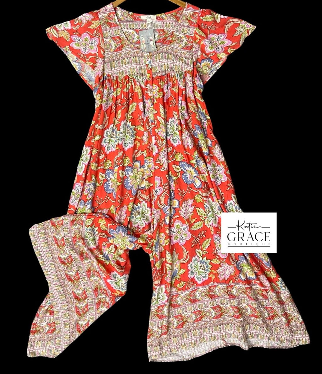 "Hallie" Wide Leg Jumpsuit, Coral - The Katie Grace Boutique